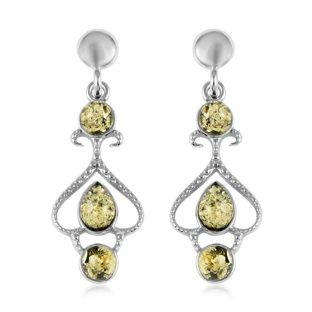 NWT RARE MAYAN GREEN AMBER STERLING SILVER DANGLE EARRINGS